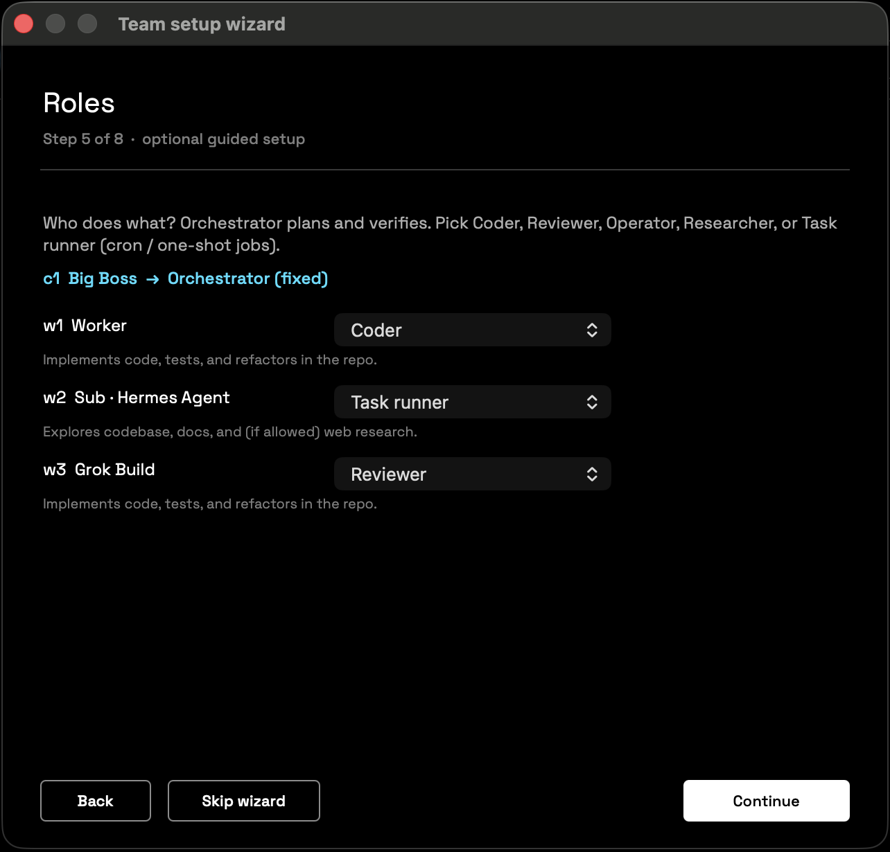 Role assignment in team setup wizard